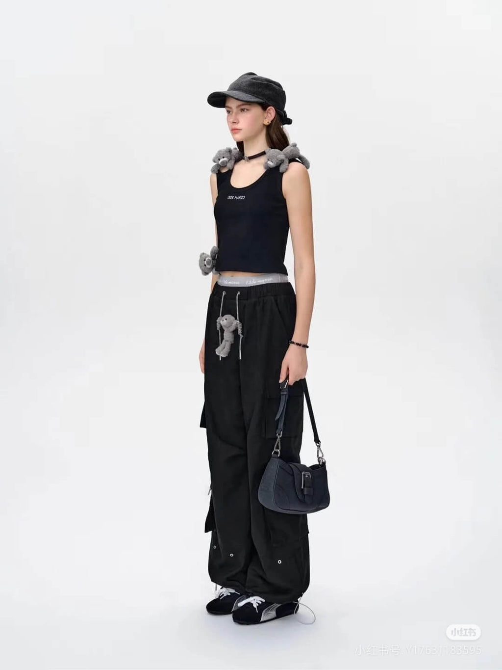 13DE MARZO Double Waist Black Cargo Pants