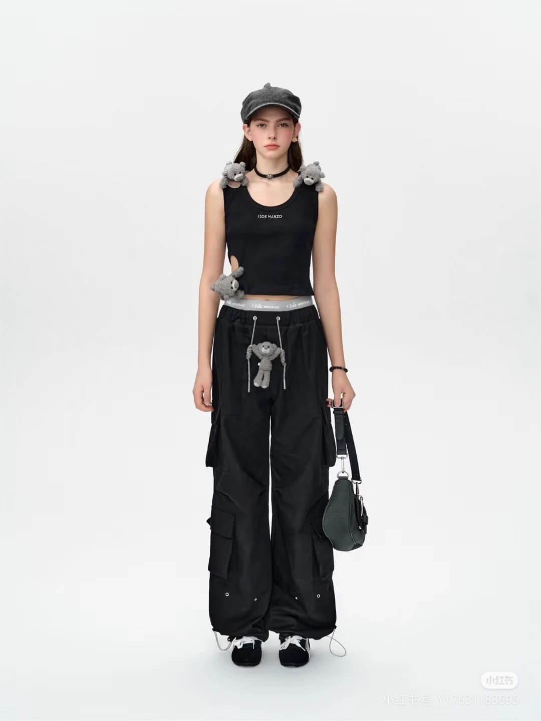 13DE MARZO Double Waist Black Cargo Pants