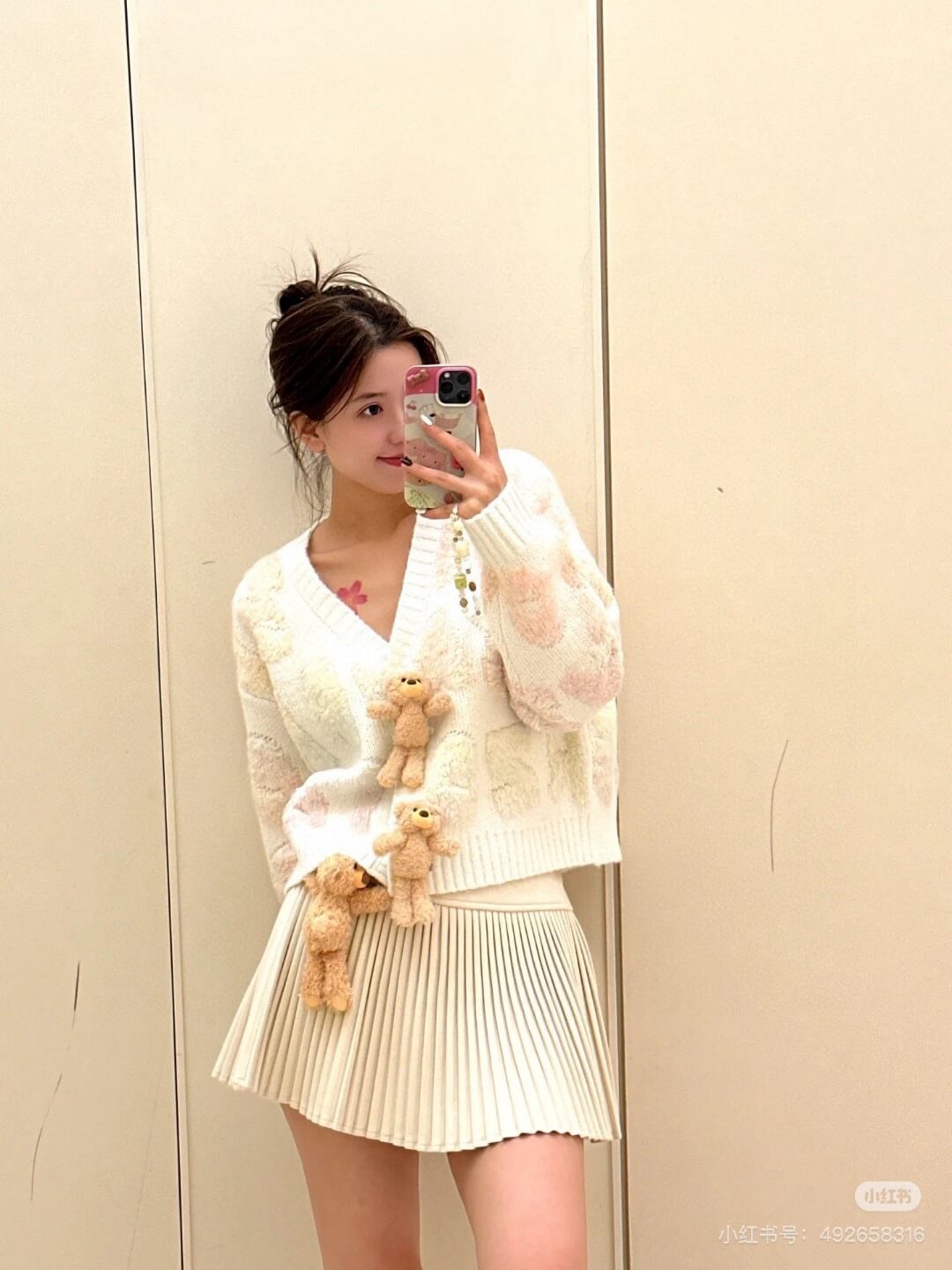 Ivory 13DE MARZO Cassimere Pleated Mini Skirt with Plush Bear Charm